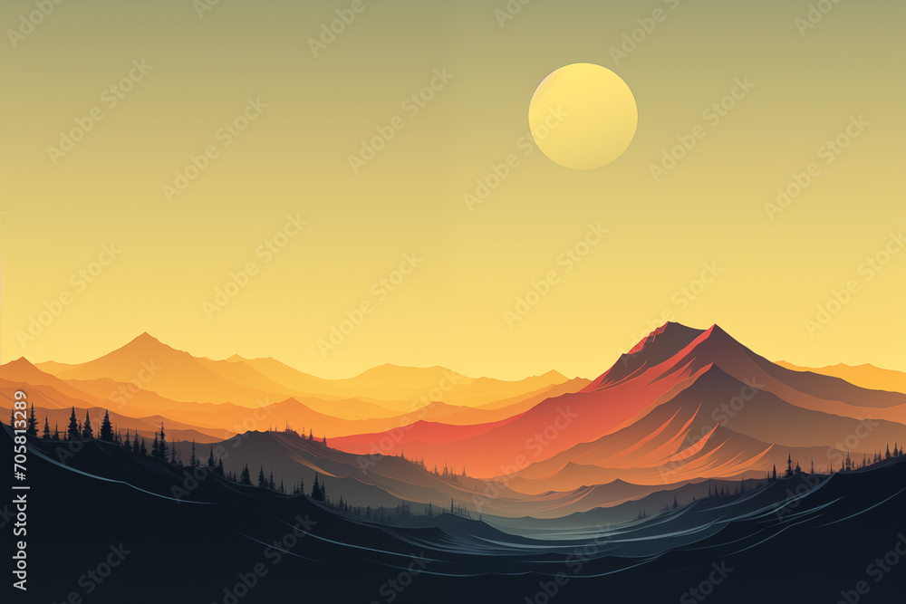 Minimal yellow textured landscape mountain background with moon. 3D render of modern wallpaper desing, sunset