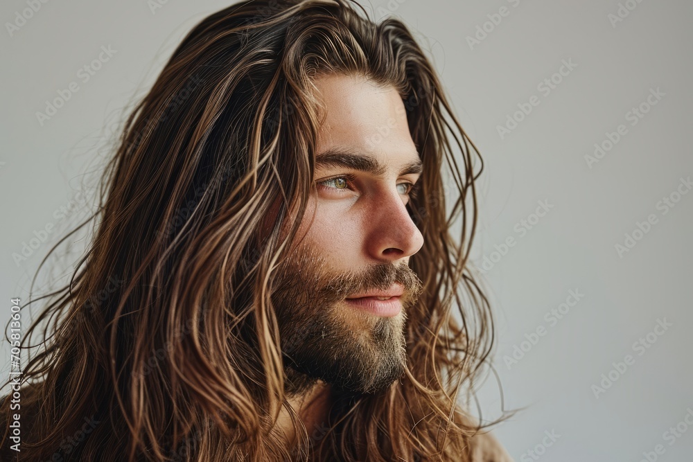 Profile portrait handsome Caucasian bearded brunette man contented expression and healthy long hair