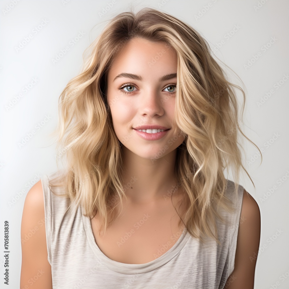 young happy blonde woman posing and looking in camera,white background