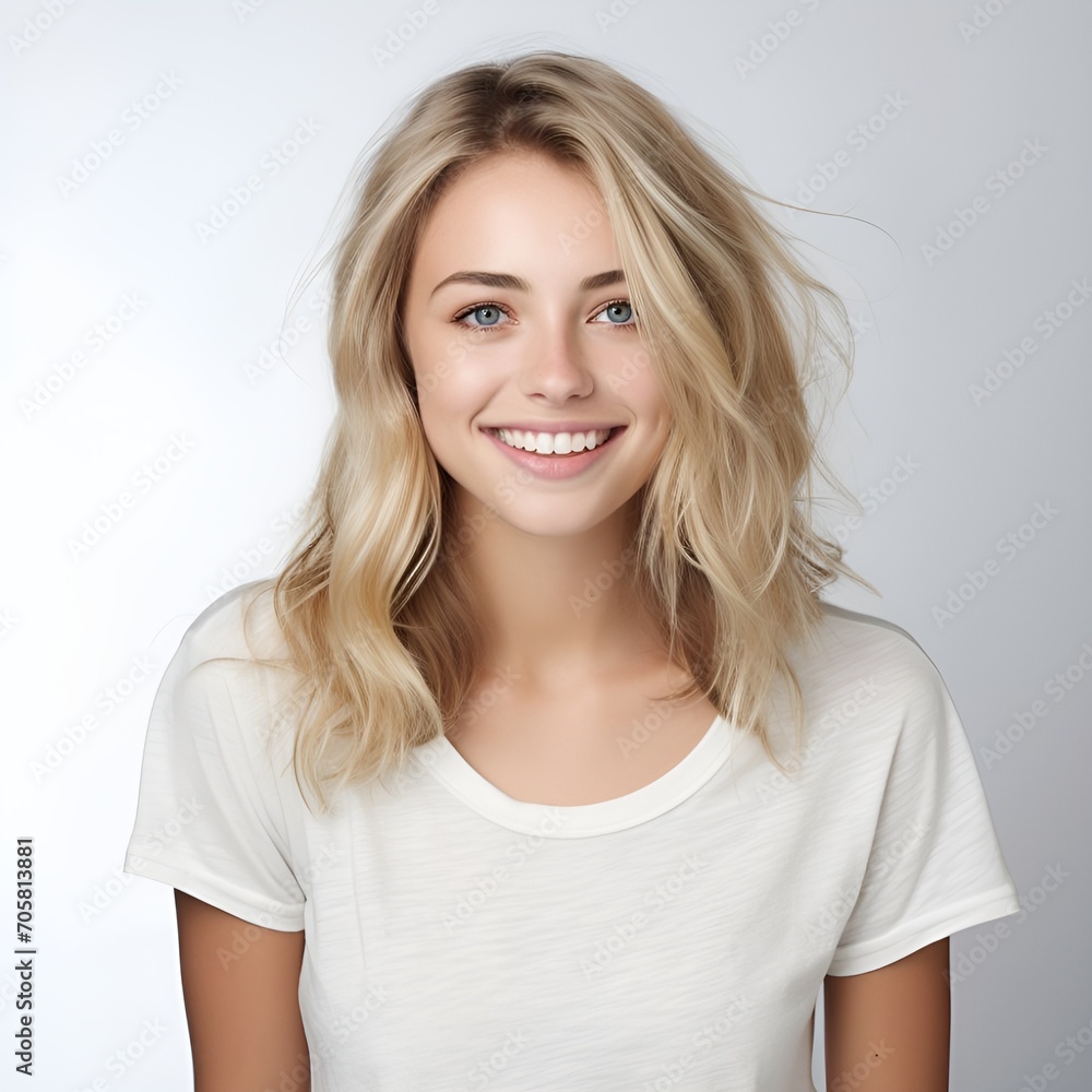 young happy blonde woman posing and looking in camera,white background young happy blonde woman posing and looking in camera,white background