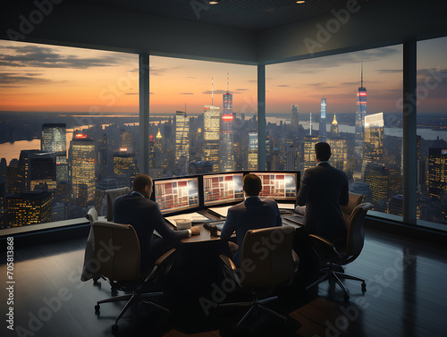 Empresarios e inversores multimillonarios generando dinero con inversiones en un Rascacielos en Nueva York, al amanecer, bolsa de valores photo
