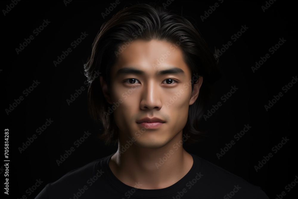 Handsome Asian Man contented expression and healthy hair looking at camera against black background Handsome Asian Man contented expression and healthy hair looking at camera against black background
