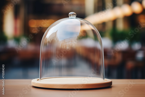 Clear glass cloche dome with a handle, placed on a table in a restaurant, showcasing an empty dish. Empty protective showcase for food mock-up with copy space. AI-generated photo