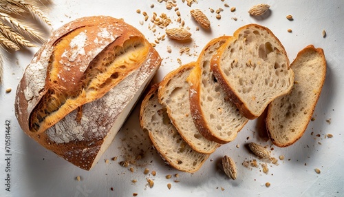 sliced bread on white background crumbs and fresh bread slices close up bakery food concept top view