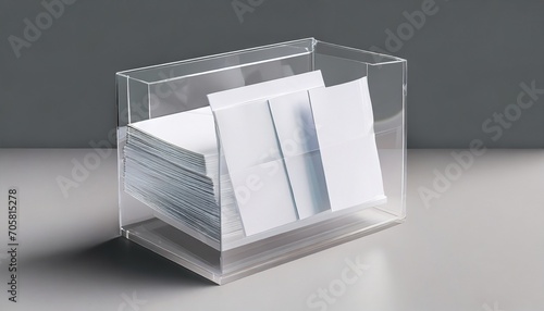 blank white flyers stack mockup in glass plastic holder 3d rendering dl fliers mock ups stand in the acrylic box brochure template holding in plexiglass pocket booklets in plastic tray