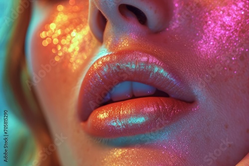 Illuminated Beauty, A Close Up of Shimmering Lips Under Neon Lights Capturing a Moment of Modern Glamour