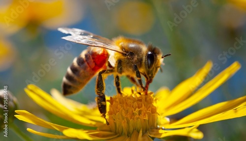 honey bee on a yellow flower collects pollen wild nature landscape