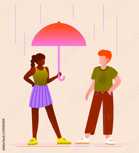 Illustration vectorielle d’une jeune femme noire tenant un parapluie sous la pluie devant un homme roux