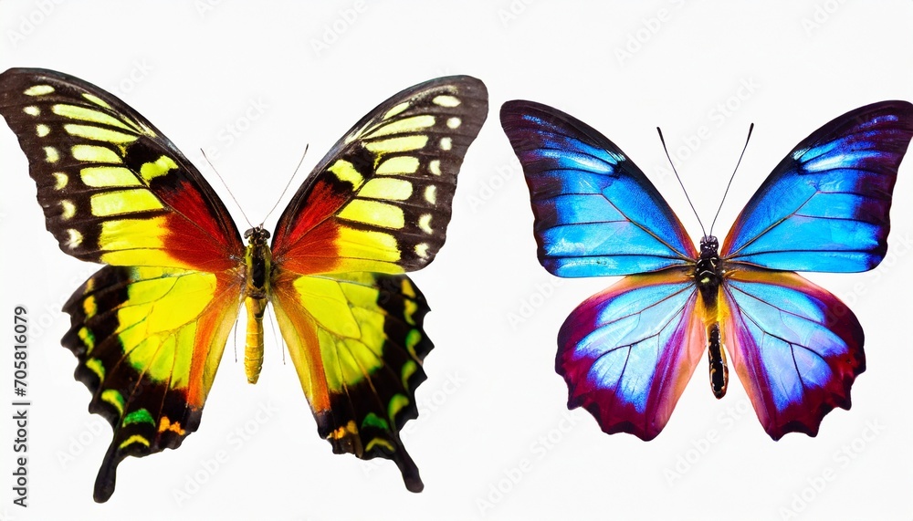 set two beautiful colorful bright multicolored tropical butterflies with wings spread and in flight on white background close up macro