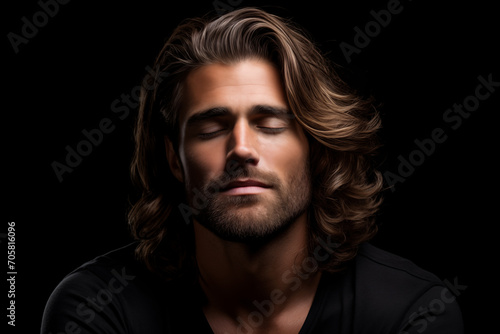 Handsome Caucasian man contented expression and healthy hair against black background
