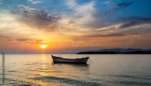 lonely boat and amazing sunset at the sea