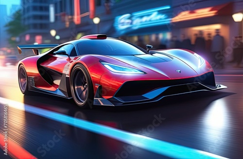 Tuned Sport Car , cyberpunk Retro Sports Car On Neon Highway. Powerful acceleration of a supercar on a night track with colorful lights and trails. 3d render, neons, cybercity background. © Irina