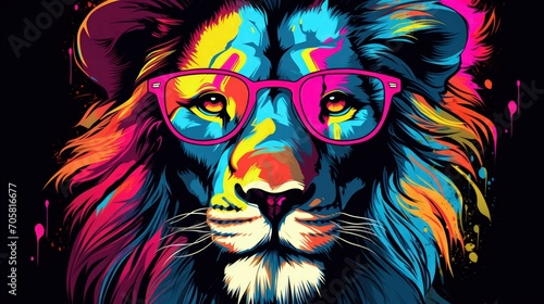 Colorful Lion head wearing sunglasses on dark background. Generative AI