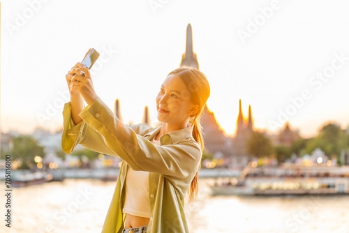 Young Asian Woman Traveler Taking a Selfie While Enjoying The Sunset Moments of Wat Arun by the Chao Phraya Riverbank in Bangkok, Thailand photo
