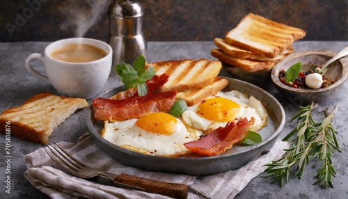 breakfast with fried eggs bacon and toasts
