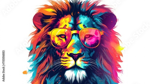 Colorful Lion head wearing sunglasses on white background. Generative AI