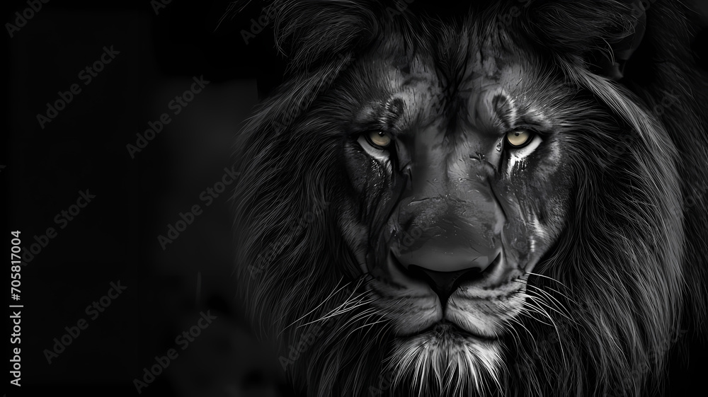 Inspiring black and white portrait of a lion's face, highlighting the texture of its fur, with free space for copy text