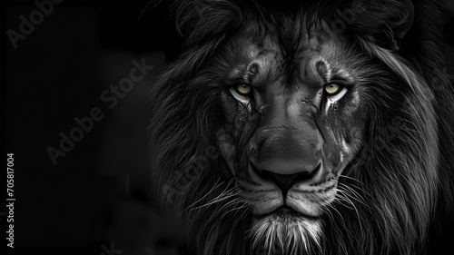 Inspiring black and white portrait of a lion s face  highlighting the texture of its fur  with free space for copy text