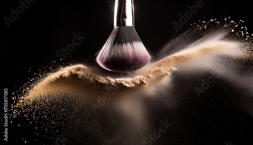 cosmetics brush with glowing face powder dust explosion