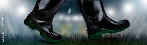 Dunkle Gummistiefel laufen auf Wiese