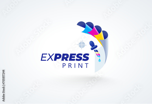 Express print logo. Cmyk sheets of paper and pipette ink. Template polygraphy design vector.