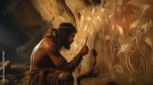 Primeval Caveman Wearing Animal Skin Standing in His Cave At Night, Hold paint brush Looking at Drawings on the Walls. Cave Art with Petroglyphs, Rock Paintings. Stone age person. Old ancient art. photo