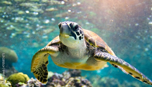portrait of a happy sea turtle swimming underwater generative ai © Katherine