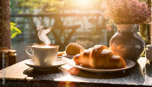 fresh breakfast with hot coffee and croissant in morning sunligh photo