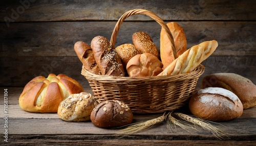 variety of bread in wicker basket on old wooden background