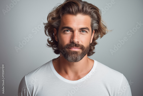 Handsome Caucasian bearded brunette man contented expression and healthy wavy hair © Darya Lavinskaya