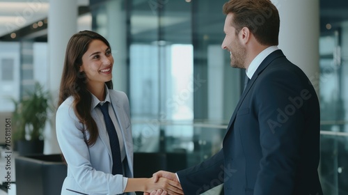 Happy confident male recruit handshaking beautiful employer getting hired at new job. Smiling young professional manager shake hand of female client or customer making business deal at office meeting.