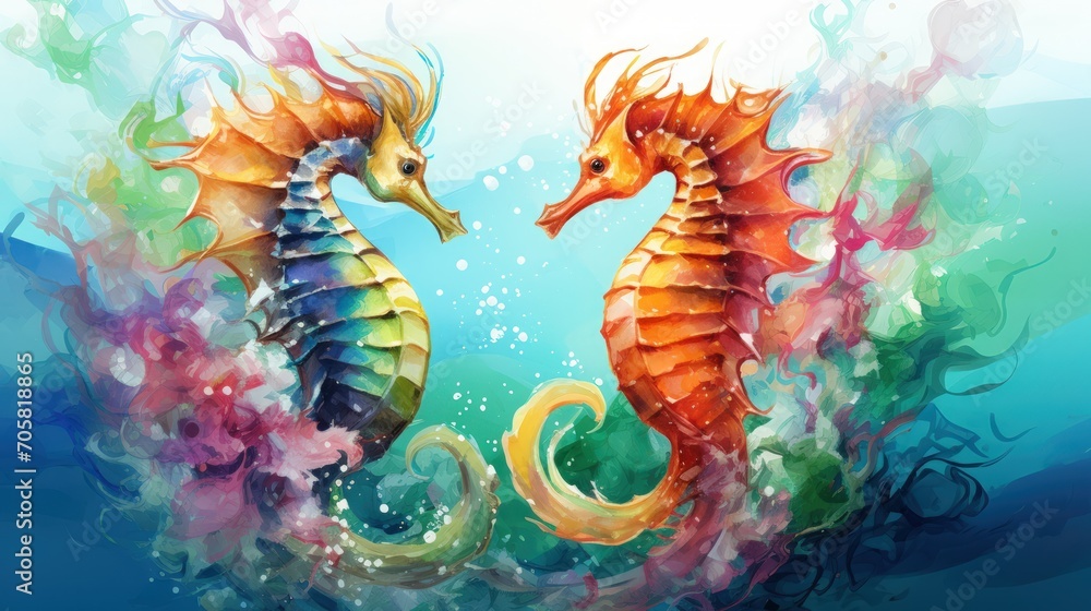 Colorful seahorses on a light background. Generative AI