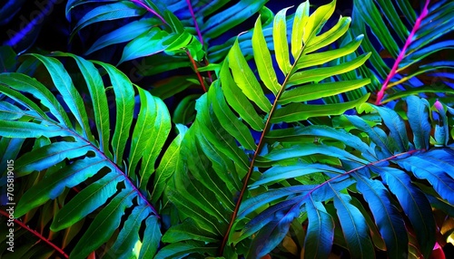tropical leaves illuminated with blue and green photo