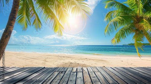 夏の美しい風景、木製のプラットフォームのある熱帯のビーチの自然GenerativeAI