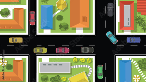 top view flat background of location map with car and road and building nearby