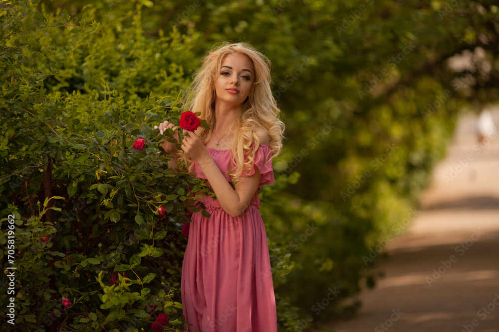 Beautiful young woman with long curly hair and perfect skin wearing pink linen dress posing near blooming roses in a garden. Nude make up. Close up portrait