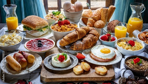 large selection of breakfast food on a table