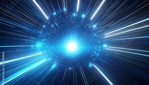 a 3d render of an irregularly shaped hyperspace tunnel radiating energy and light bright stars illuminate the blue explosion creating a futuristic concept of contorted space