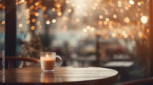 Bokeh background for wallpaper, a cozy cafe interior with fairy lights, giving a warm and inviting feel photo