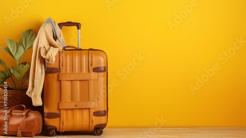 Wanderlust Dreams: Packed Suitcase with Travel Essentials on Vibrant Yellow Background, Ready for Adventure and Holiday Getaway Planning.