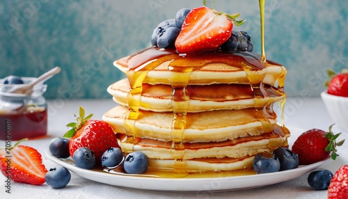 close up delicious pancakes with fresh blueberries strawberries and maple syrup on a light background with copy space sweet maple syrup flows from a stack of pancake photo
