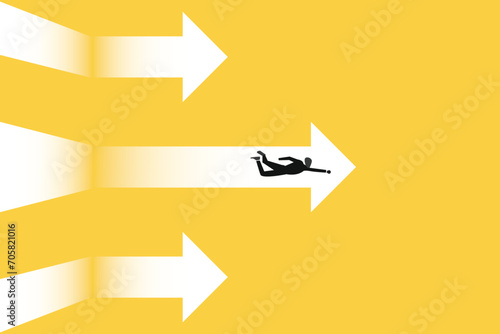 Businessman follow a arrows for business opportunities. Symbol of ambition, motivation and long road ahead