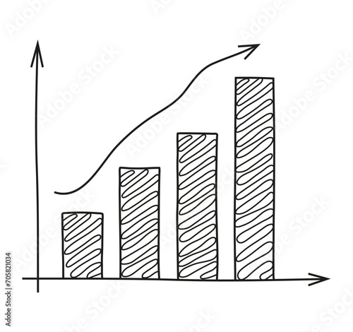 Rising histogram. Chart, graph vector in doodle style. Approximation,