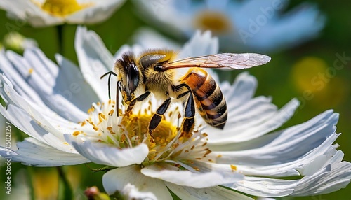 close up of a heavily loaded bee on a white flower on a sunny meadow