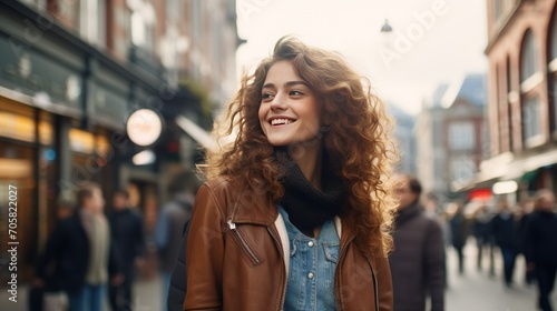 A trendy young travel woman standing on a bustling city street, confidently showing a happy expression with copy space around her
