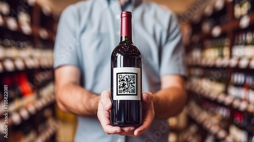 Wine bottle with qr code on label in males hands. wine bottles labelling in EU. photo