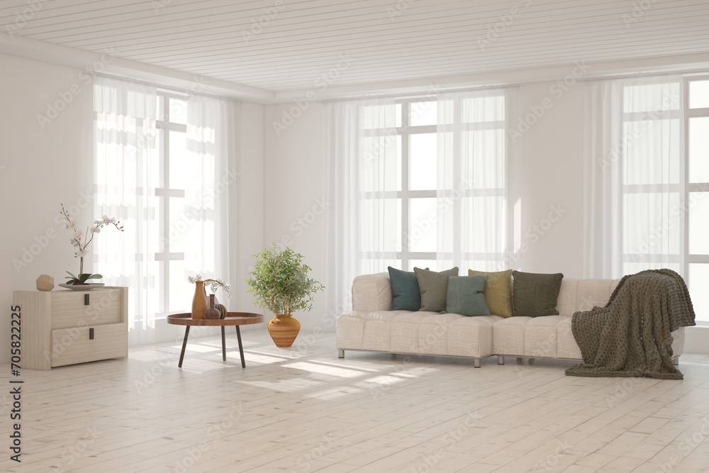 Fototapeta premium Modern minimalist interior with sofa on empty white color wall background. Interior mockup. Scandinavian interior design. 3D illustration