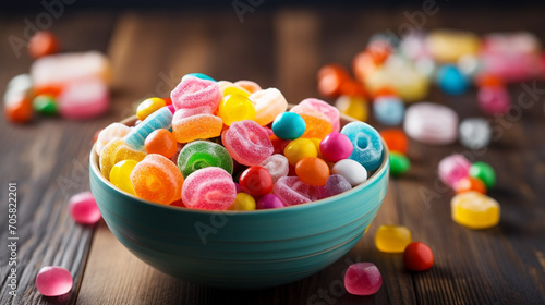 Multi-colored round candies in colored glaze in large quantities in a plate