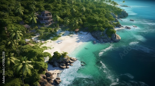 Bird's eye perspective offering a glimpse of palm-lined shores, secluded islets, and pristine beaches creating a postcard-worthy scene in a tropical paradise. Generative AI