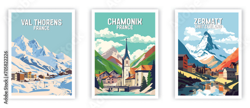 Val Thorens, Zermatt, Chamonix Illustration Art. Travel Poster Wall Art. Minimalist Vector art photo